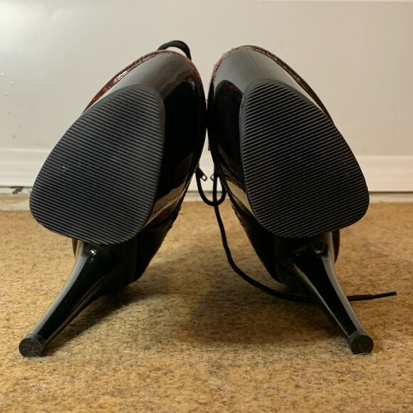 Pleaser ADORE Red Glitter Patented Ombre 7" Platform Stiletto Heel Lace Up Boots - Picture 14 of 16